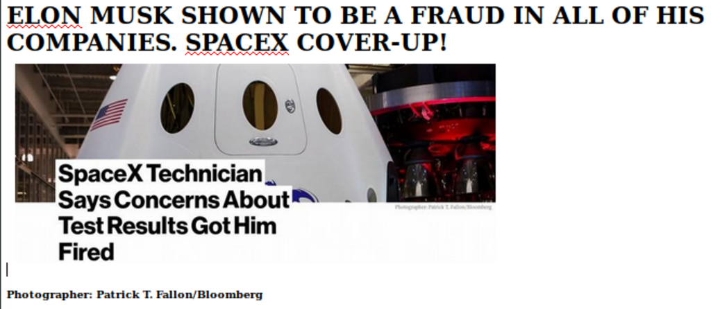 ELON MUSK IS A FRAUD SAY SPACEX EMPLOYEES Elon Musk Corruption And Crappy Engineering Make Tesla Cars So Unsafe 
Keywords: Rare Earth Mines Of Afghanistan, New America Foundation Corruption, Obama, Obama Campaign Finance, Obama FEC violations, Palo Alto Mafia, Paypal Mafia, Pelosi Corruption, Political bribes, Political Insider,  Eric Schmidts Sex Penthouse, SEC Investigation